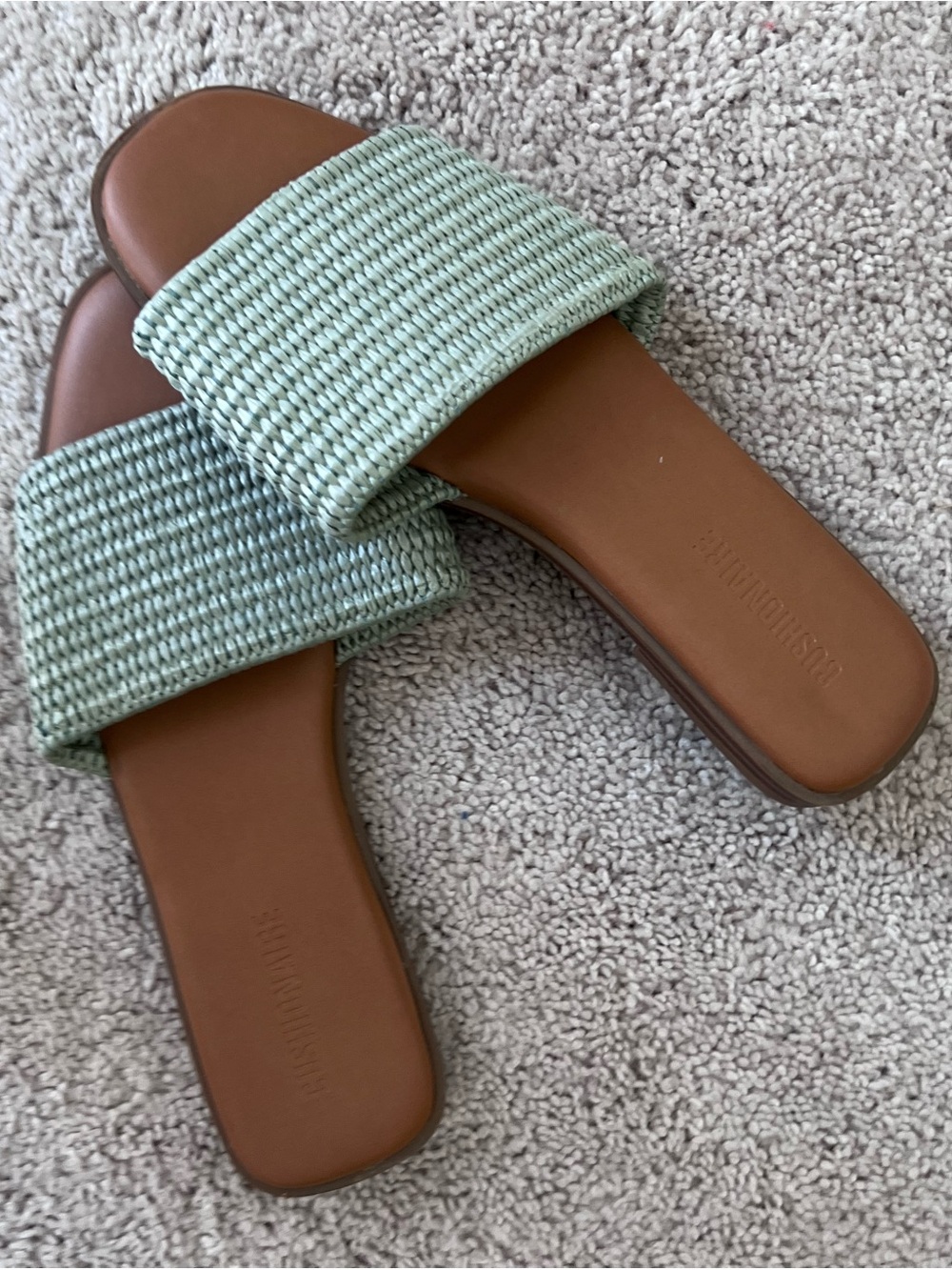 Woven Sage Green Slide Sandals with Brown Footbed